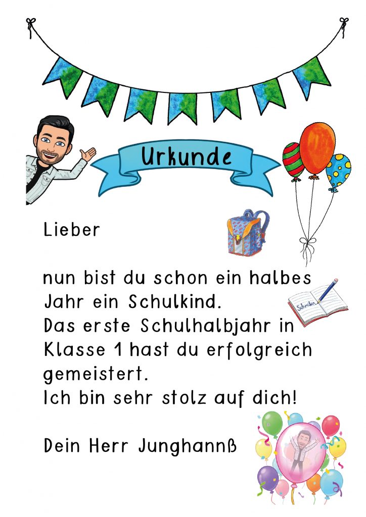 Urkunde mit bunten Elementen, Text und Illustrationen für einen Schulanfänger.
