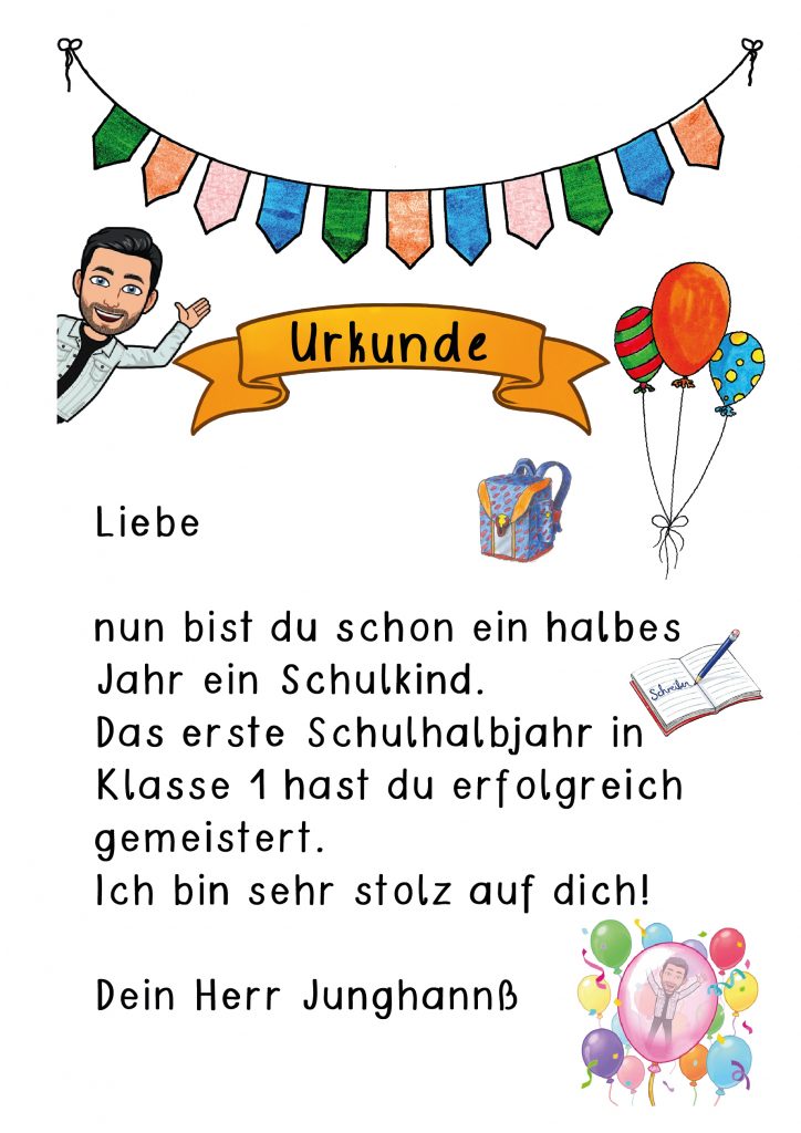 Urkunde mit bunten Elementen, darunter ein Lehrer, Ballons und eine Geschenkbox.