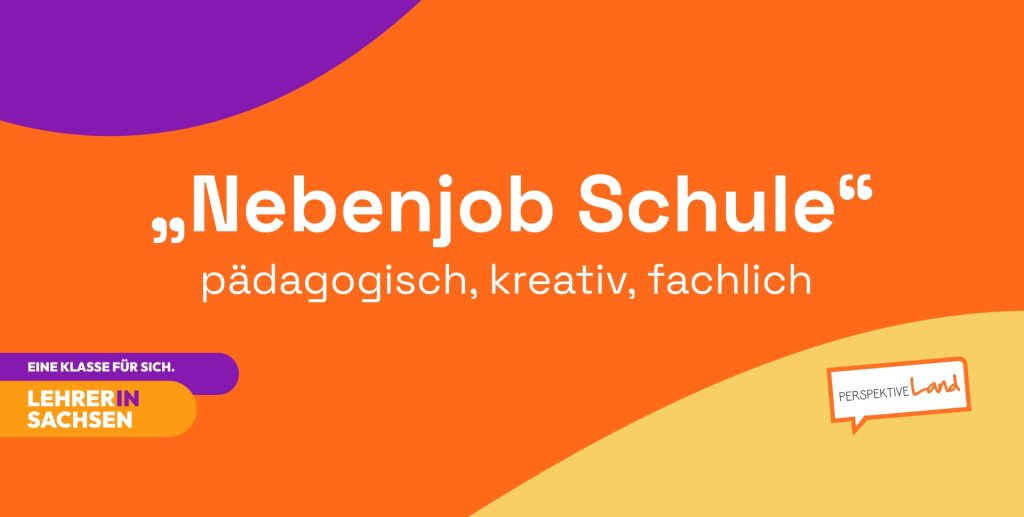 Grafik mit dem Text "Nebenjob Schule" und den Worten pädagogisch, kreativ, fachlich in orange und lila.
