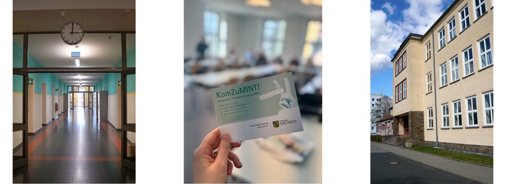 Korridor in einer Bildungseinrichtung mit einer Uhr an der Wand und farbigen Wänden, KomZuMINT!-Flyer und Schulgebäude von außen.