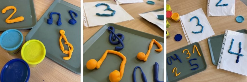 Die Bilderserie aus drei Fotos zeigt Noten und Zahlen aus Knetmasse, mit denen Kinder im Förderunterricht Zahlen gestalten.