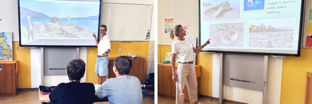 Zwei Bilder, die in einem zusammengestellt sind: Links: Lehrerin Marie-Christin Vollroth zeigt in einer Klasse auf ein Whiteboard mit einer Ansicht von Loch Ness. Rechts: Marie-Christin Vollroth präsentiert eine Seite mit einem Wal-Skelett, Plastik am Strand und einem verschmutztem Meeresabschnitt auf dem Whiteboard im Unterricht. Auf dem Board steht ebenfalls die Aufforderung "Explain in your own words, what's happening"