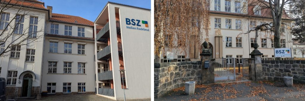 Fassade des BSZ Meißen Radebeul in Radebeul mit dem historischen Altbau und dem geradlinigen Anbau.
